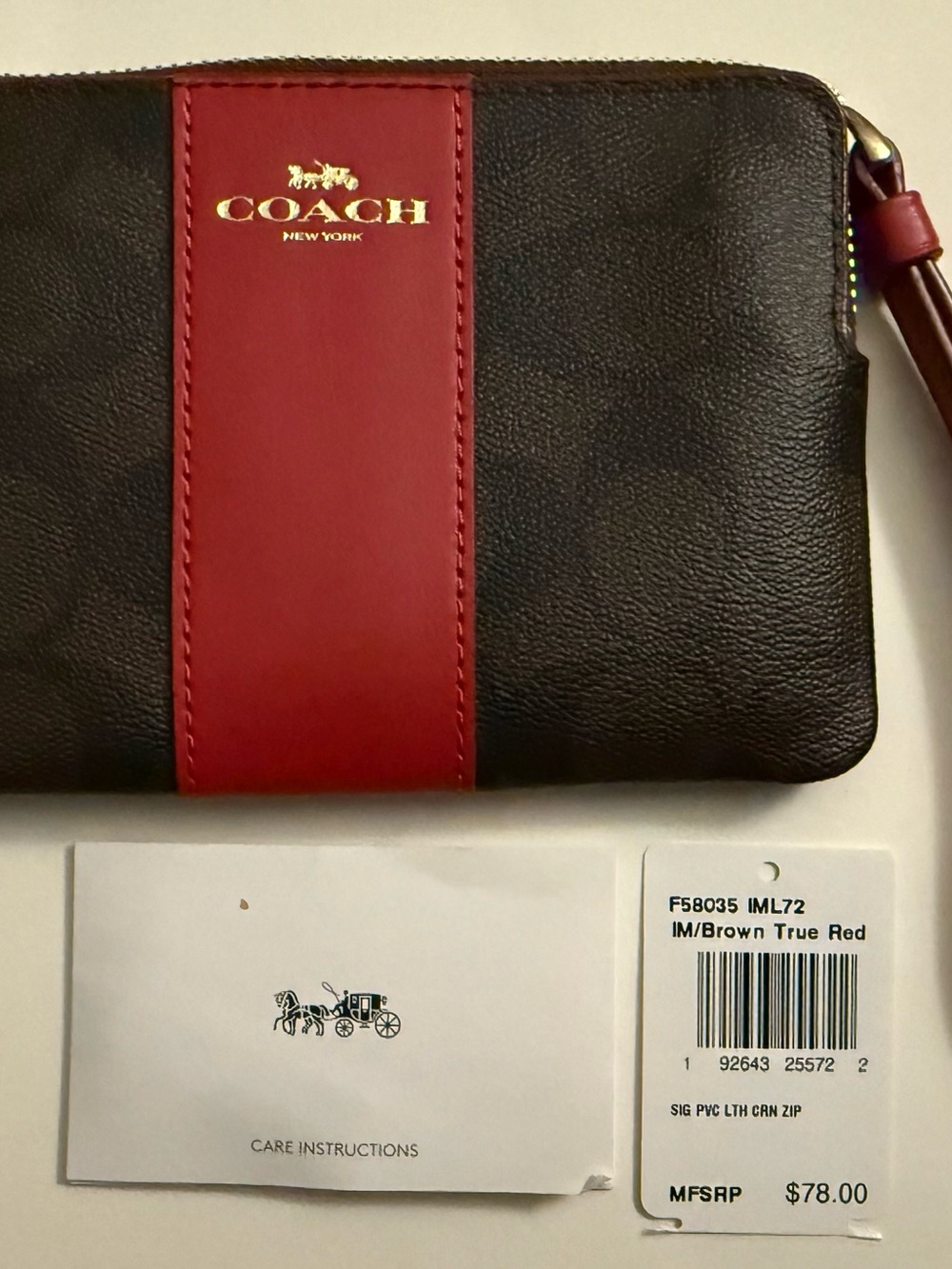 Coach Brown Leather Wristlet with True Red Center Stripe